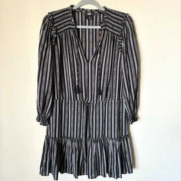 Paige Kaylynn Mini Black Multi Dress Striped Pleated V-Neck Blouse Size S - Picture 8 of 12